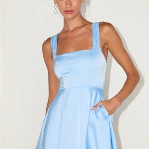 Lulu's Admirably Chic Light Blue Satin Lace-Up Mini Dress with Pockets